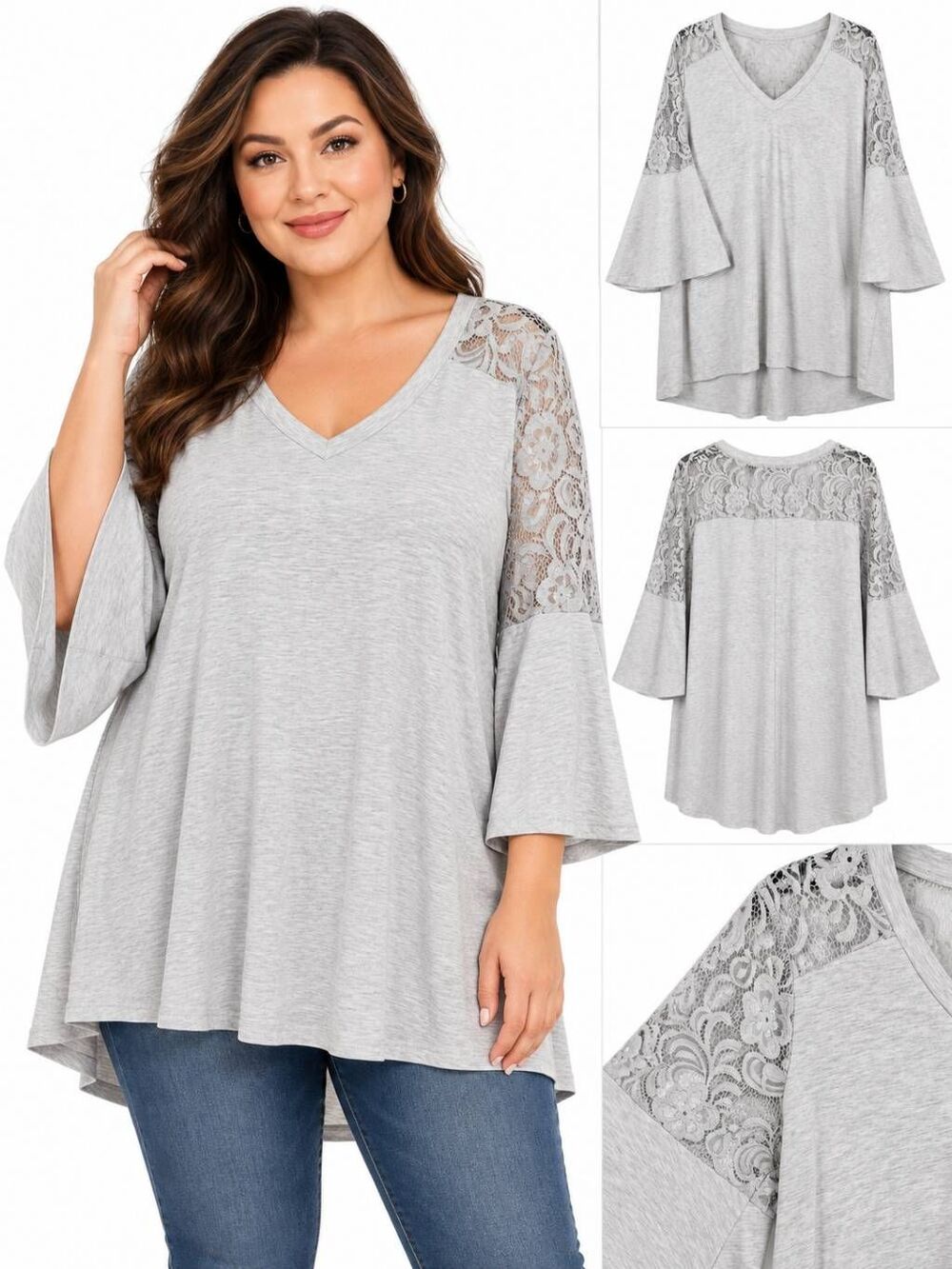Cyrus 2X Gray Lace Bell Sleeve High Low Tunic Top